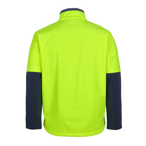 Load image into Gallery viewer, JB's Hi Vis Three Layer Softshell Jacket, featuring a yellow body with black sleeves, offers waterproof and breathable protection. Crafted from polyester with microfleece, it includes adjustable sleeves and side pockets for practical use.