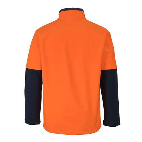 Load image into Gallery viewer, JB's Hi Vis Three Layer Softshell Jacket, shown from the back, features a slim fit with adjustable sleeves and side seam pocket, ideal for workplace safety with its waterproof and breathable fabric.