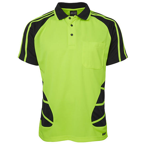 JB's Hi Vis Spider Polo Shirt, featuring a green and black design, is crafted from 100% polyester with moisture-wicking fabric. It includes a reinforced chest pocket and complies with UPF 50+ protection standards.