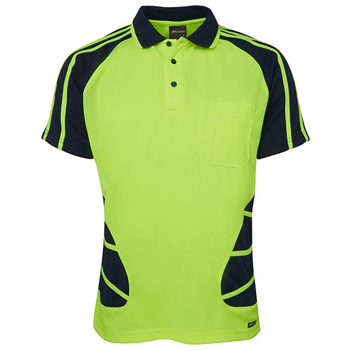 JB's Hi Vis Spider Polo Shirt, designed for safety and comfort, features a reinforced chest pocket with pen insert and straight hem with side splits, ideal for workplace environments.