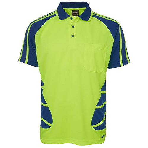 Load image into Gallery viewer, JB's Hi Vis Spider Polo Shirt, featuring reinforced chest pocket with pen insert, straight hem with side splits, designed for durability and moisture wicking, ideal for workplace safety and comfort.
