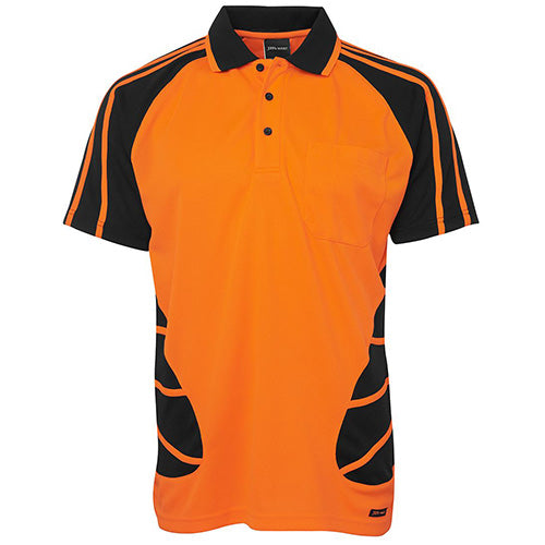 Load image into Gallery viewer, JB's Hi Vis Spider Polo Shirt, featuring a reinforced chest pocket with pen insert, straight hem with side splits, and moisture-wicking micro mesh fabric, ideal for workplace safety and comfort.