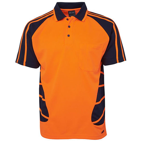 Load image into Gallery viewer, JB's Hi Vis Spider Polo Shirt, featuring a reinforced chest pocket with pen insert and straight hem with side splits, ideal for workplace safety with its moisture-wicking and quick-drying polyester fabric.