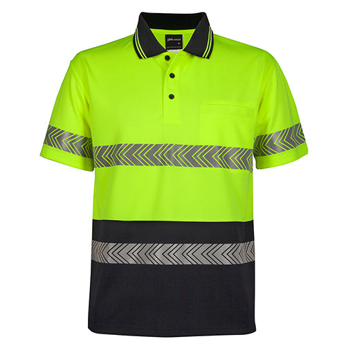 JB's Hi Vis Segmented Taped S/S Polo Shirt with reflective tape design, featuring a reinforced chest pocket and moisture-wicking micro mesh fabric, ideal for workplace safety and comfort.