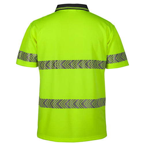 JB's Hi Vis Segmented Taped S/S Polo Shirt features grey stripes, a reinforced chest pocket with pen insert, and segmented reflective tape. Made from moisture-wicking polyester, it ensures comfort and safety for active work environments.