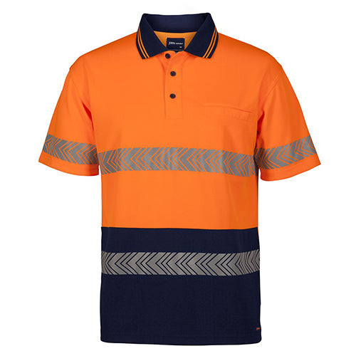 JB's Hi Vis Segmented Taped S/S Polo Shirt featuring a distinctive arrow style reflective tape design, short sleeves, and a reinforced chest pocket. Ideal for safety and comfort, perfect for workplace environments.