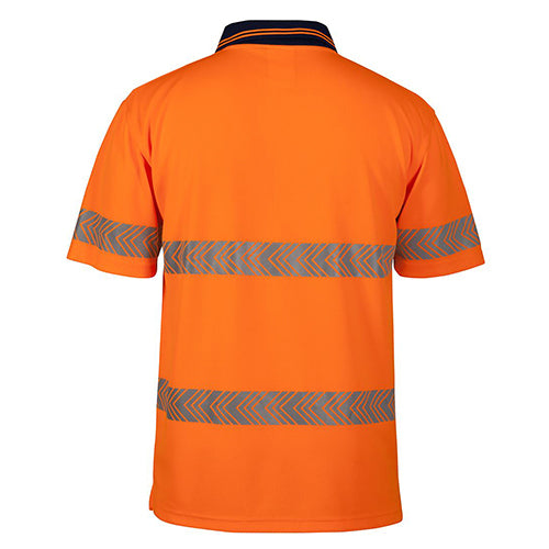 Load image into Gallery viewer, The back of JB's Hi Vis Segmented Taped S/S Polo Shirt, featuring reflective tape design. Made from moisture-wicking polyester fabric with a reinforced chest pocket, ideal for workplace safety and comfort.
