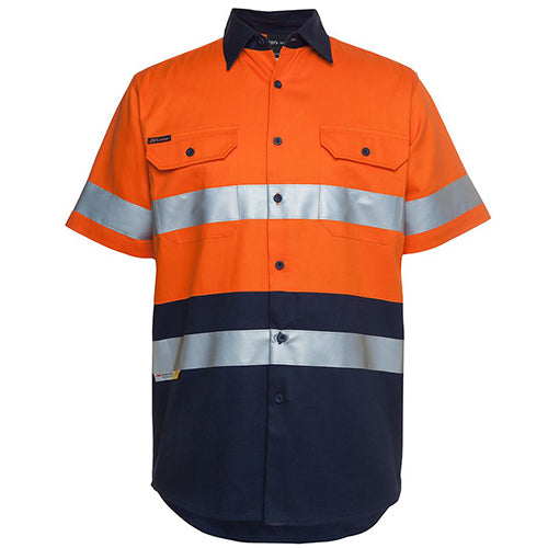 JB's Hi Vis Day/Night Short Sleeve Work Shirt features reflective stripes and durable, buttoned front design, ideal for workplace safety, with a two-piece collar and dual front pockets for functionality.