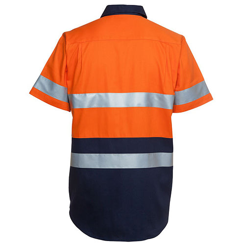 Load image into Gallery viewer, JB's Hi Vis Day/Night Short Sleeve Work Shirt features a durable design with two front pockets and a curved hem, showcasing its back view, tailored for safety compliance and workplace comfort.