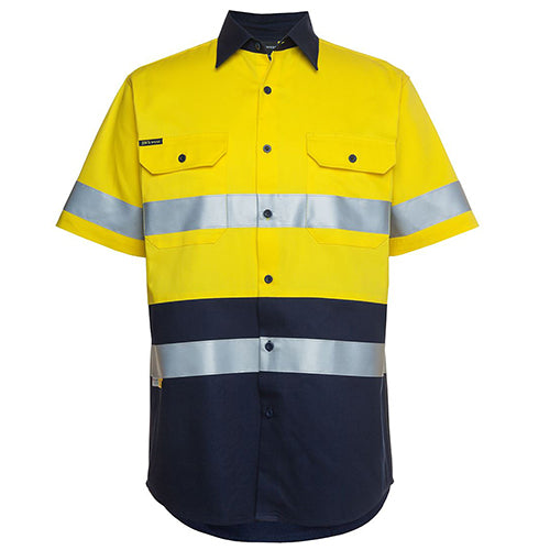 JB's Hi Vis Day/Night Short Sleeve Work Shirt, featuring reflective stripes, button-up design, two front pockets with flaps, and a two-piece collar, ideal for safety and durability in workplace settings.