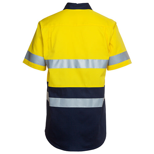 Load image into Gallery viewer, JB's Hi Vis Day/Night Short Sleeve Work Shirt features reflective stripes, a two-piece collar, and buttoned front pockets, ensuring visibility and durability for workplace safety.