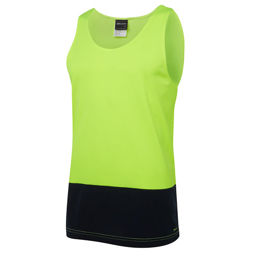 Load image into Gallery viewer, JB's Hi Vis Traditional Singlet, featuring yellow and black stripes, is crafted from 100% polyester with moisture-wicking micro mesh, designed for durability and comfort in high-visibility work environments.