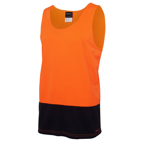 Load image into Gallery viewer, JB's Hi Vis Traditional Singlet featuring an orange and black design, crafted from 100% polyester with moisture-wicking micro mesh fabric. Ideal for safety and comfort in active work environments.