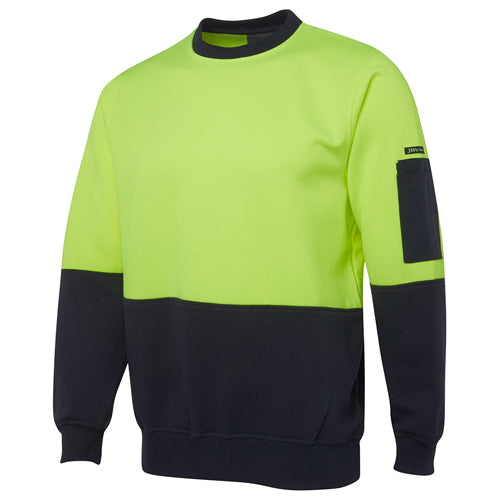 Load image into Gallery viewer, JB’s Hi Vis Fleece Crew Neck Jersey features a front contrast panel and pen pocket on the sleeve, crafted from durable 280gsm fleece fabric with ribbed neck, cuffs, and basque for active work environments.