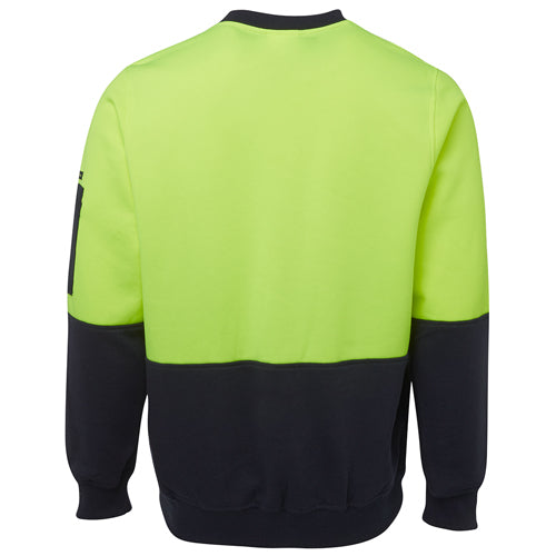 Load image into Gallery viewer, JB’s Hi Vis Fleece Crew Neck Jersey, designed for workplace safety, features a durable polyester-cotton blend, easy-care fleece fabric, and a functional pen pocket on the sleeve, ideal for active safety environments.