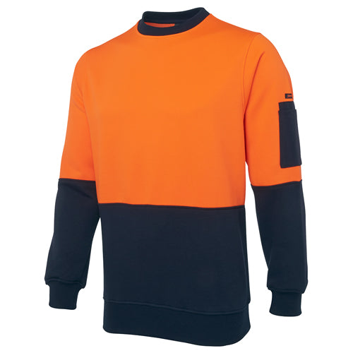 Load image into Gallery viewer, JB’s Hi Vis Fleece Crew Neck Jersey, featuring a durable fleece fabric with a front contrast panel and ribbed cuffs. Includes a convenient pen pocket on the sleeve, ideal for workplace safety and comfort.