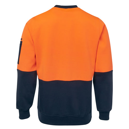 Load image into Gallery viewer, JB’s Hi Vis Fleece Crew Neck Jersey, featuring a durable polyester-cotton blend, with a ribbed neck and cuffs, visible pen pocket on the sleeve, ideal for safety and comfort in workplace settings.