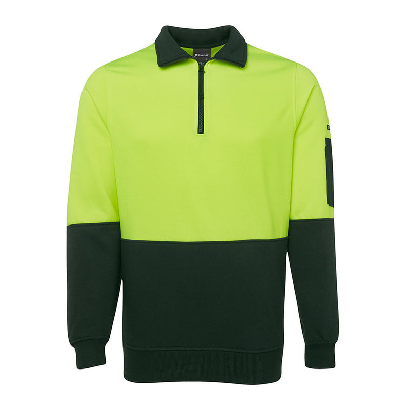 Load image into Gallery viewer, JB's Hi Vis Half Zip Polar Fleece Sweater features a durable half-zip collar, ribbed cuffs with elastane, and a convenient pen pocket on the sleeve, ideal for safety-focused workplaces.