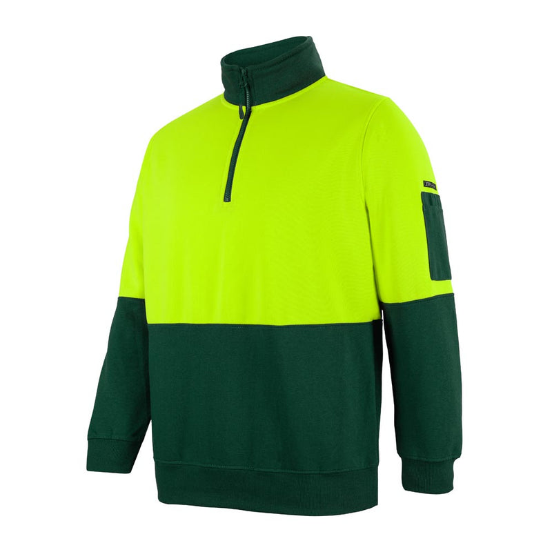 Load image into Gallery viewer, JB's Hi Vis Half Zip Polar Fleece Sweater features a fluorescent yellow-green top for visibility, a dark green lower section, and a quarter-length zipper, ideal for workplace safety and comfort.