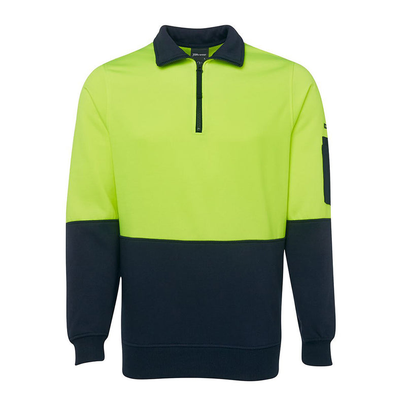 Load image into Gallery viewer, JB's Hi Vis Half Zip Polar Fleece Sweater with a front contrast panel and pen pocket on the sleeve, made from durable polyester and comfortable cotton fleece, ideal for safety-focused work environments.