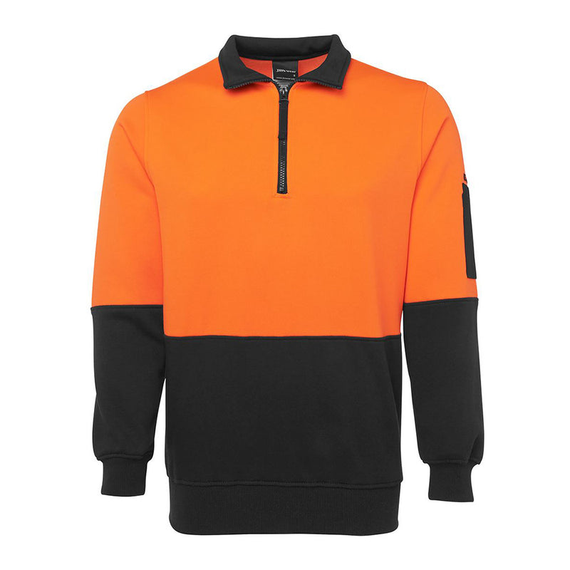 Load image into Gallery viewer, JB's Hi Vis Half Zip Polar Fleece Sweater, featuring a half-zip collar, ribbed cuffs, and a pen pocket on the sleeve, crafted from durable polyester and comfortable cotton fleece fabric.