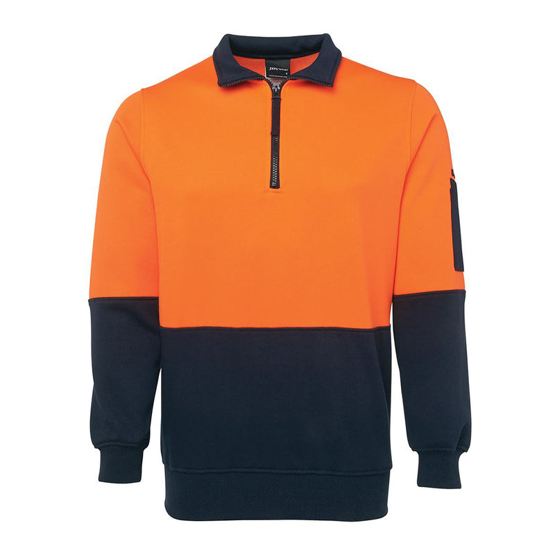 Load image into Gallery viewer, JB's Hi Vis Half Zip Polar Fleece Sweater featuring a half-zip collar, rib basque, cuffs with elastane, and a pen pocket on the sleeve, designed for durability and comfort.