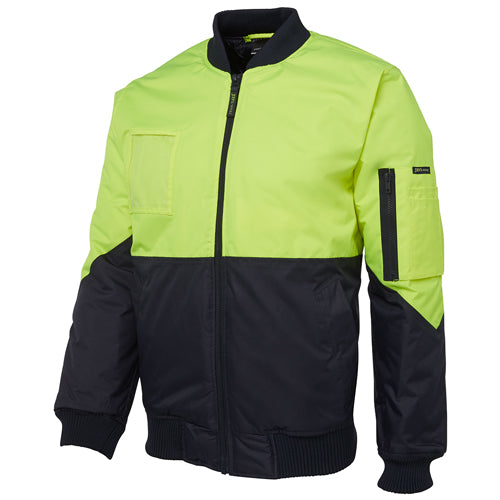 JB’s Hi Vis Flying Jacket features a durable waterproof design with sealed seams, a chunky knitted rib collar, and multiple pockets, ideal for safety and comfort in active work environments.