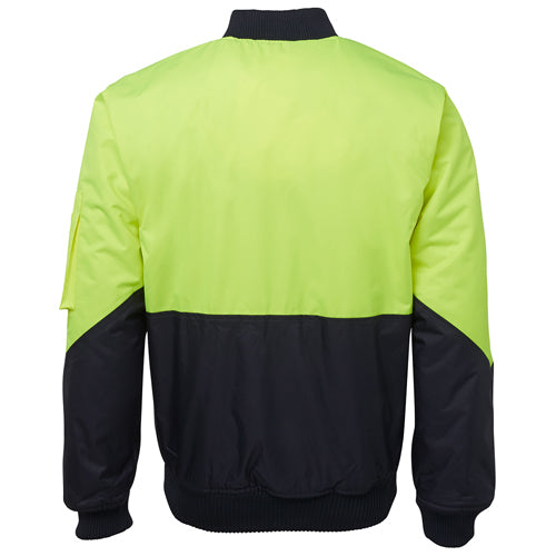 Load image into Gallery viewer, JB’s Hi Vis Flying Jacket, featuring a quilted lining for warmth, waterproof with sealed seams, has a sleeve pocket, front and internal pockets, and a chunky rib collar, ideal for workplace safety.