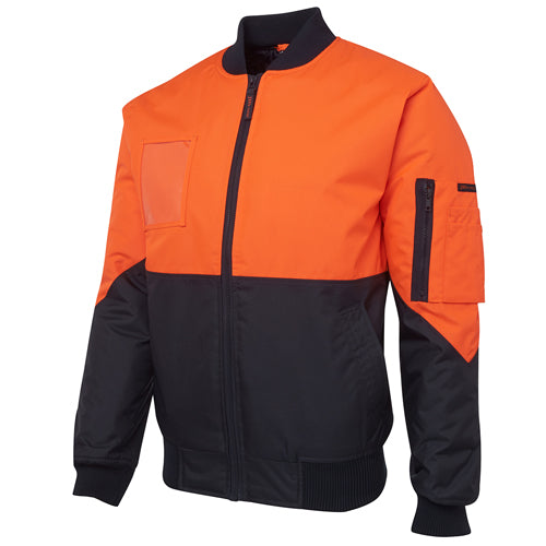 JB’s Hi Vis Flying Jacket, featuring a nylon zipper, quilted lining, and multiple pockets, designed for high visibility and protection. Ideal for safety-conscious workplaces, aligning with Active Safety's commitment to quality safety gear.