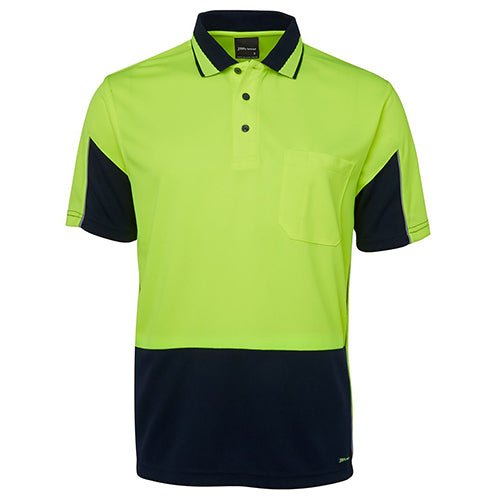 JB's Hi Vis Gap S/S Polo Shirt featuring durable micro mesh fabric with moisture-wicking properties, a reinforced chest pocket, and a jacquard Hi Vis stripe collar, ideal for active safety environments.