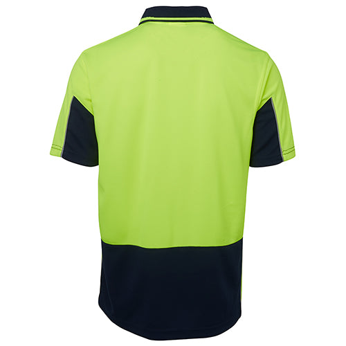 JB's Hi Vis Gap S/S Polo Shirt, featuring a reinforced chest pocket with pen insert and a Jacquard Hi Vis stripe insert collar, designed for durability and moisture-wicking comfort.