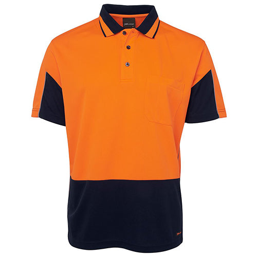 JB's Hi Vis Gap S/S Polo Shirt features a black and orange design with a jacquard Hi Vis stripe collar, set-in sleeves, and a reinforced chest pocket, ideal for workplace safety and comfort.