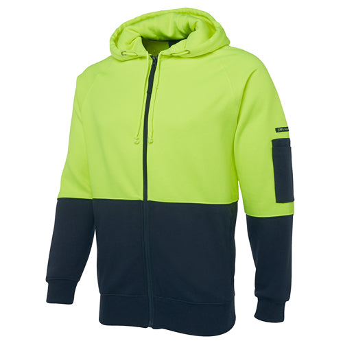 JB's Hi Vis Full Zip Fleece Hoodie with hood and contrast panel, featuring ribbed cuffs, two front pockets, and a sleeve pen pocket, ideal for safety and comfort in active work environments.