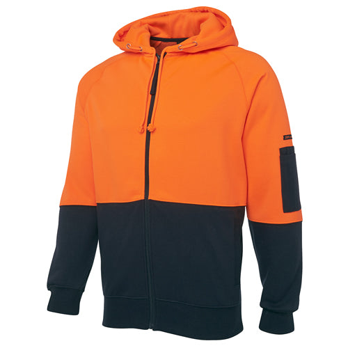 JB's Hi Vis Full Zip Fleece Hoodie features a hood with drawcord, contrast panels, and ribbed sleeve cuffs. This durable outerwear includes two front pockets and a pen pocket, ideal for workplace safety.