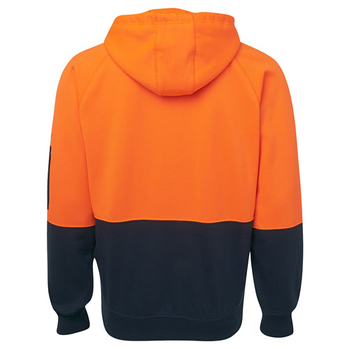 Load image into Gallery viewer, JB's Hi Vis Full Zip Fleece Hoodie featuring a hood with drawcord, contrast panels on body and sleeves, rib basque cuffs, two front pockets, and a pen pocket on the sleeve.