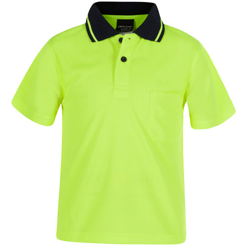 JB's Kids Hi Vis Traditional Polo Shirt features a yellow design with a black collar, crafted from 100% polyester and JB’s Dri™ moisture wicking fabric, ideal for staying cool and dry.