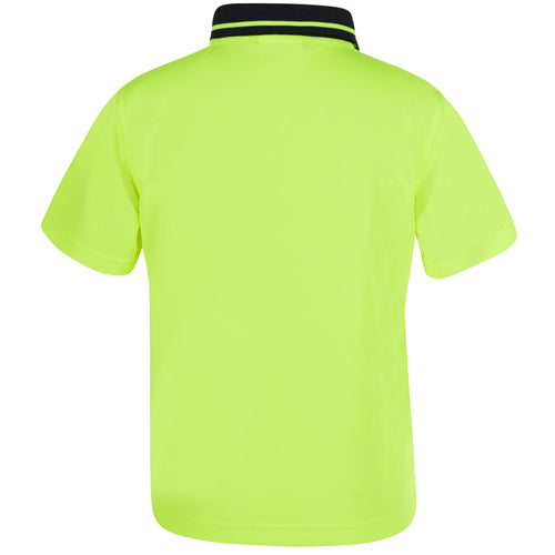 JB's Kids Hi Vis Traditional Polo Shirt, featuring a yellow design with black trim, crafted from 100% polyester. It includes moisture-wicking fabric for comfort, ideal for active environments or safety-focused workplaces.