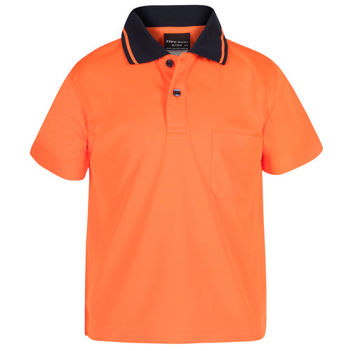 JB's Kids Hi Vis Traditional Polo Shirt in moisture-wicking micro mesh fabric, ideal for active settings. Features a distinctive black collar, designed for durability and quick drying, suitable for safety-conscious environments.