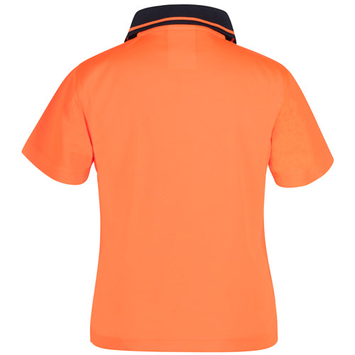 JB's Kids Hi Vis Traditional Polo Shirt with back view shown, highlighting its durable 100% polyester material and quick-drying, moisture-wicking properties, ideal for active and safety-focused environments.
