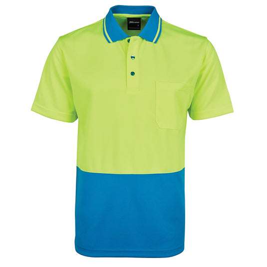 JB's Hi Vis Traditional S/S Polo Shirt features a durable design with short sleeves, a reinforced chest pocket with a pen insert, and a straight hem with side splits, ideal for workplace safety.