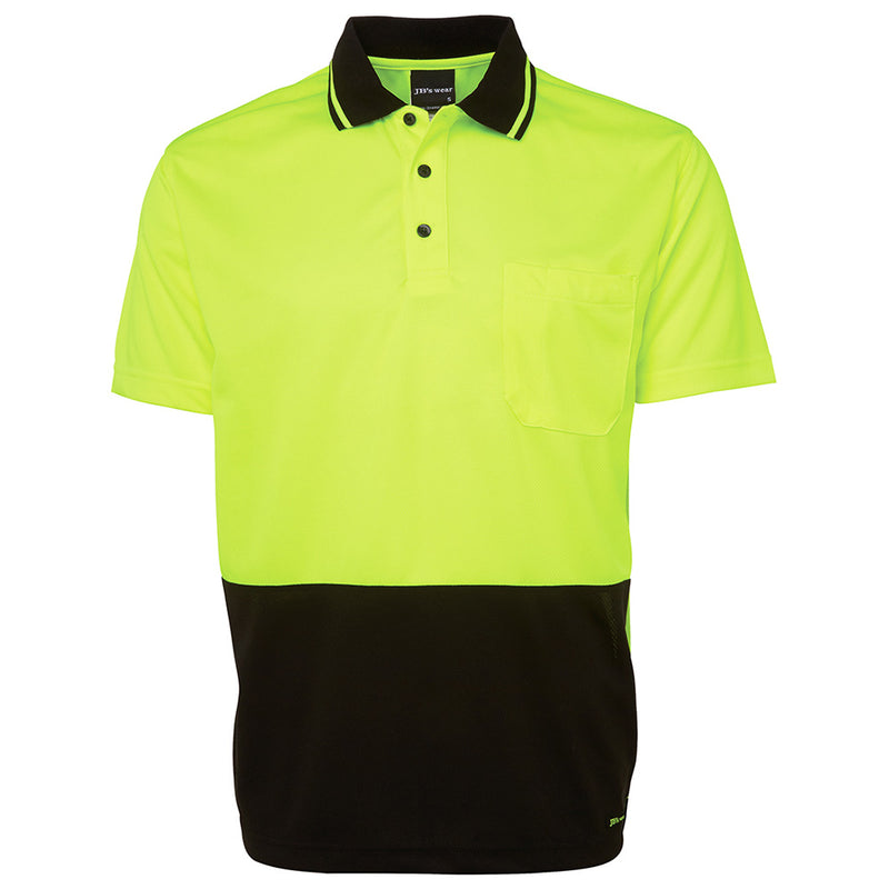 Load image into Gallery viewer, JB's Hi Vis Traditional S/S Polo Shirt, featuring a yellow design with a black collar, short sleeves, and a reinforced chest pocket. Ideal for safety, crafted from durable, moisture-wicking fabric for cool, dry comfort.