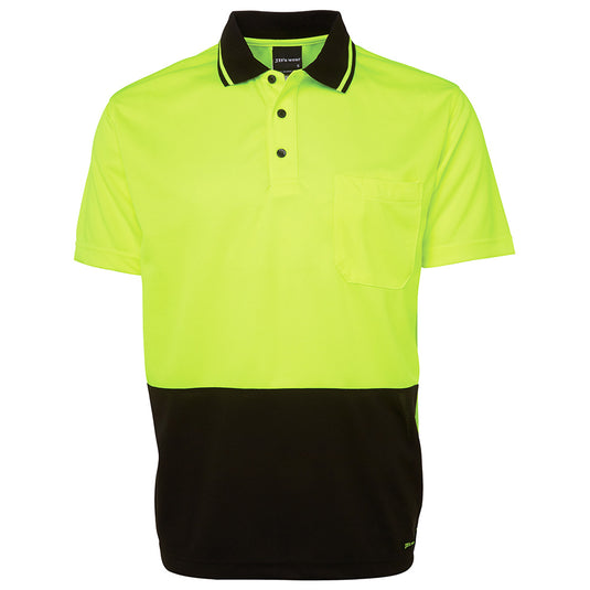 JB's Hi Vis Traditional S/S Polo Shirt, featuring a yellow design with a black collar, short sleeves, and a reinforced chest pocket. Ideal for safety, crafted from durable, moisture-wicking fabric for cool, dry comfort.