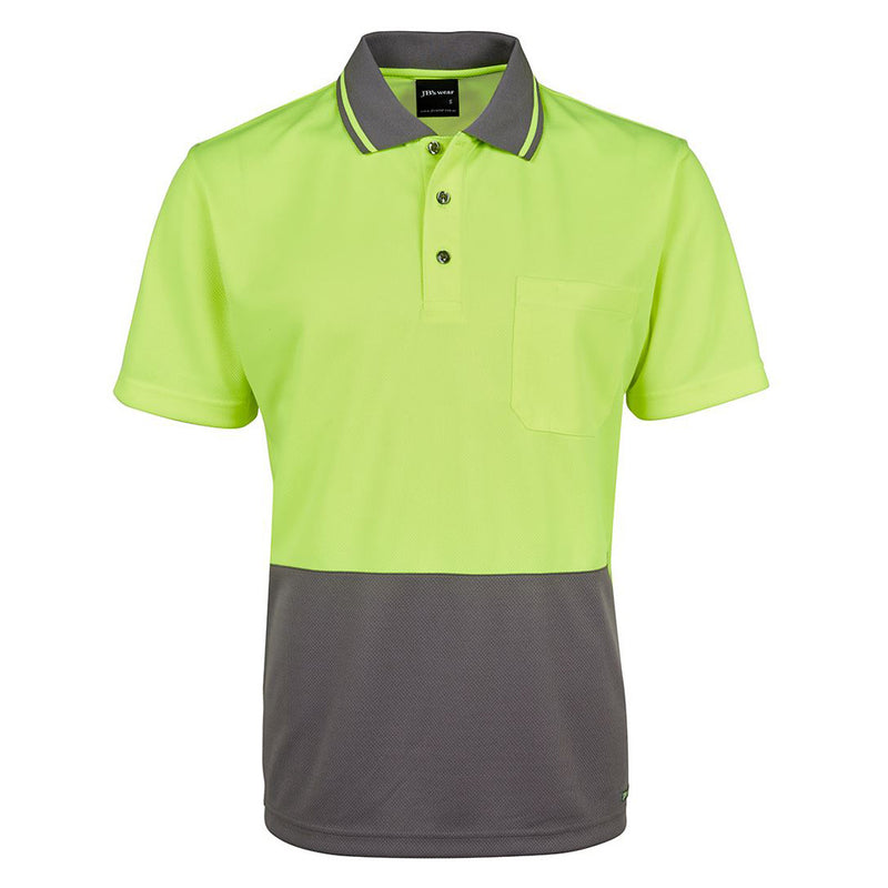 Load image into Gallery viewer, JB's Hi Vis Traditional S/S Polo Shirt featuring a reinforced chest pocket with pen insert, straight hem with side splits, and a moisture-wicking fabric, ideal for safety and workplace environments.