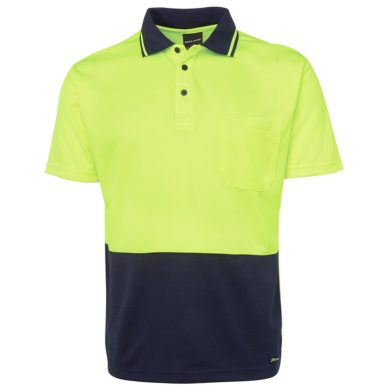 Load image into Gallery viewer, JB's Hi Vis Traditional S/S Polo Shirt, featuring a button-up collar, reinforced chest pocket with pen insert, and short sleeves, designed with moisture-wicking micro mesh fabric for optimal cooling and dryness.