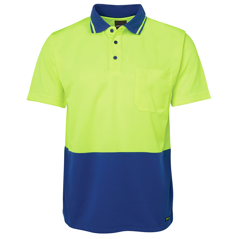 Load image into Gallery viewer, JB's Hi Vis Traditional S/S Polo Shirt featuring a reinforced chest pocket with pen insert, straight hem with side splits, and a classic collar design. Ideal for safety-focused work environments.