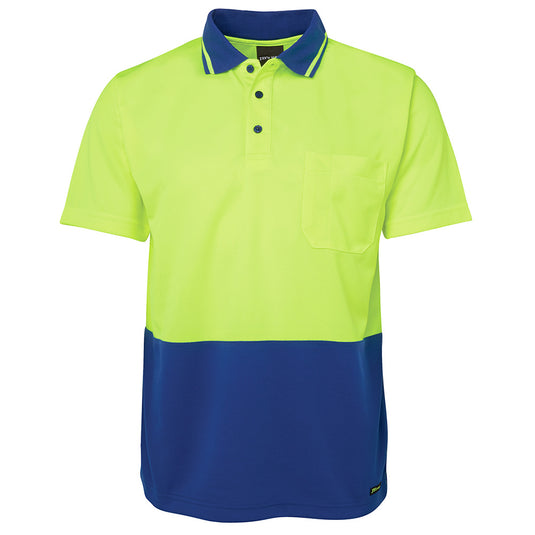 JB's Hi Vis Traditional S/S Polo Shirt featuring a reinforced chest pocket with pen insert, straight hem with side splits, and a classic collar design. Ideal for safety-focused work environments.