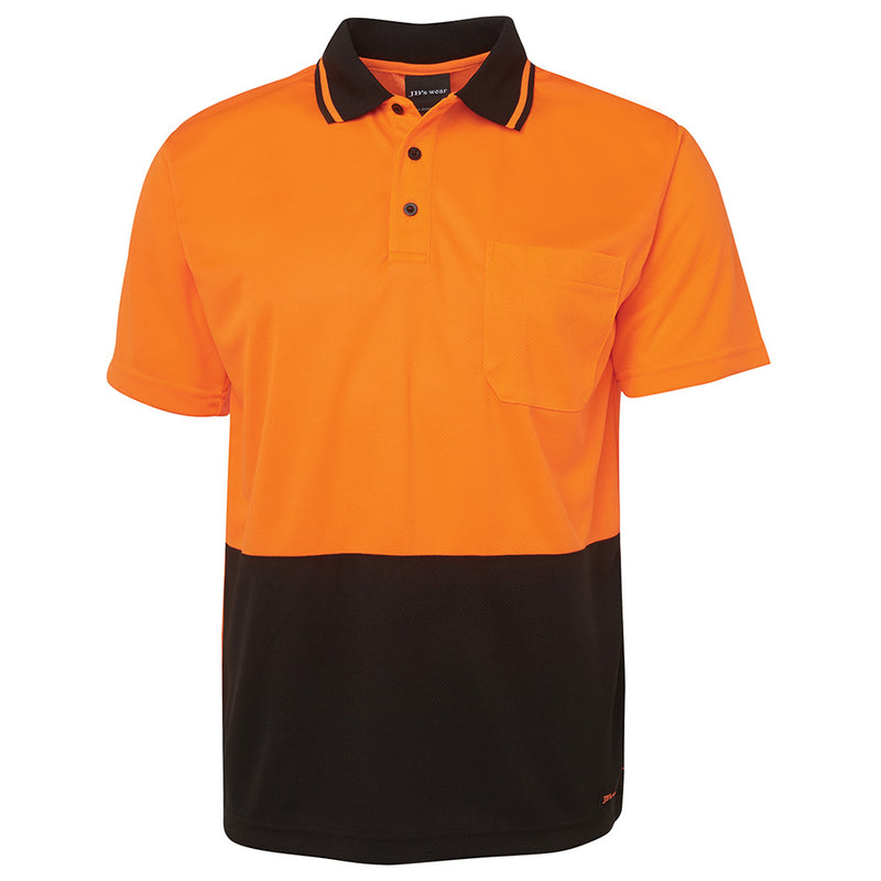 Load image into Gallery viewer, JB's Hi Vis Traditional S/S Polo Shirt, featuring a reinforced chest pocket with pen insert, collar, and short sleeves, designed with moisture-wicking fabric for comfort and UPF 50+ sun protection.
