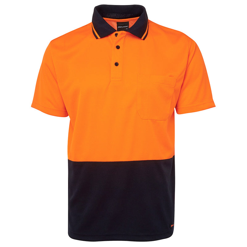 Load image into Gallery viewer, JB's Hi Vis Traditional S/S Polo Shirt featuring an orange and black design, short sleeves, a reinforced chest pocket with pen insert, and a straight hem with side splits, crafted for durability and moisture-wicking comfort.