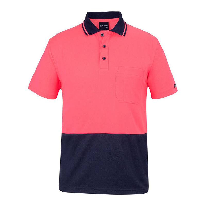 Load image into Gallery viewer, JB's Hi Vis Traditional S/S Polo Shirt features a reinforced chest pocket with pen insert, straight hem with side splits, and moisture-wicking fabric, ideal for safety-focused work environments.