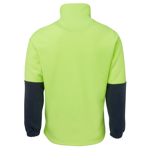 JB’s Hi Vis Half Zip Polar Fleece featuring a durable design with contrast panels on sleeves and front, adjustable elastic hem, and multiple pockets, ideal for workplace safety and comfort.